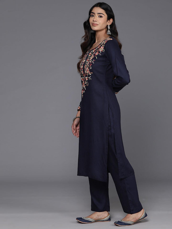 Navy Yoke Design Wool Blend Straight Kurta With Palazzos - Libas