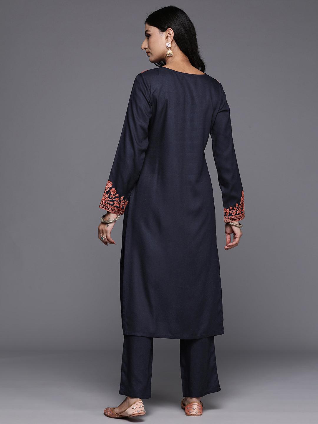 Navy Yoke Design Wool Blend Straight Kurta With Palazzos - Libas