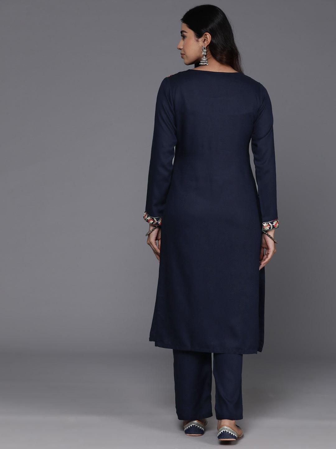 Navy Yoke Design Wool Blend Straight Kurta With Palazzos - Libas