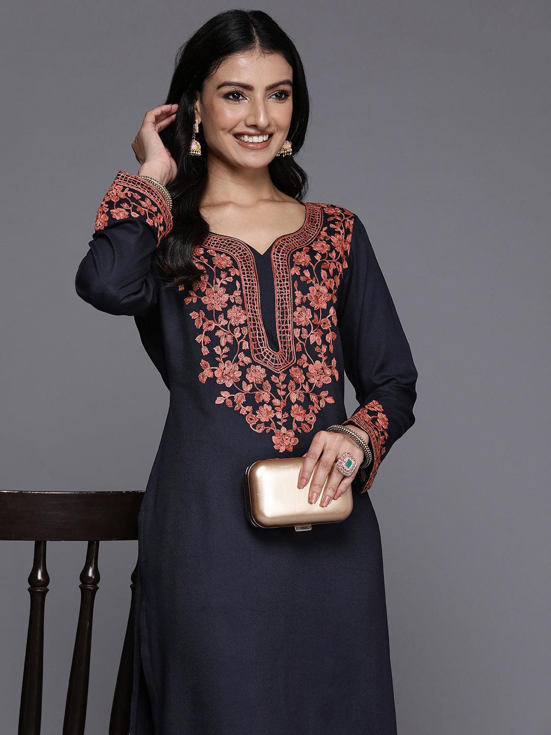 Navy Yoke Design Wool Blend Straight Kurta With Palazzos - Libas