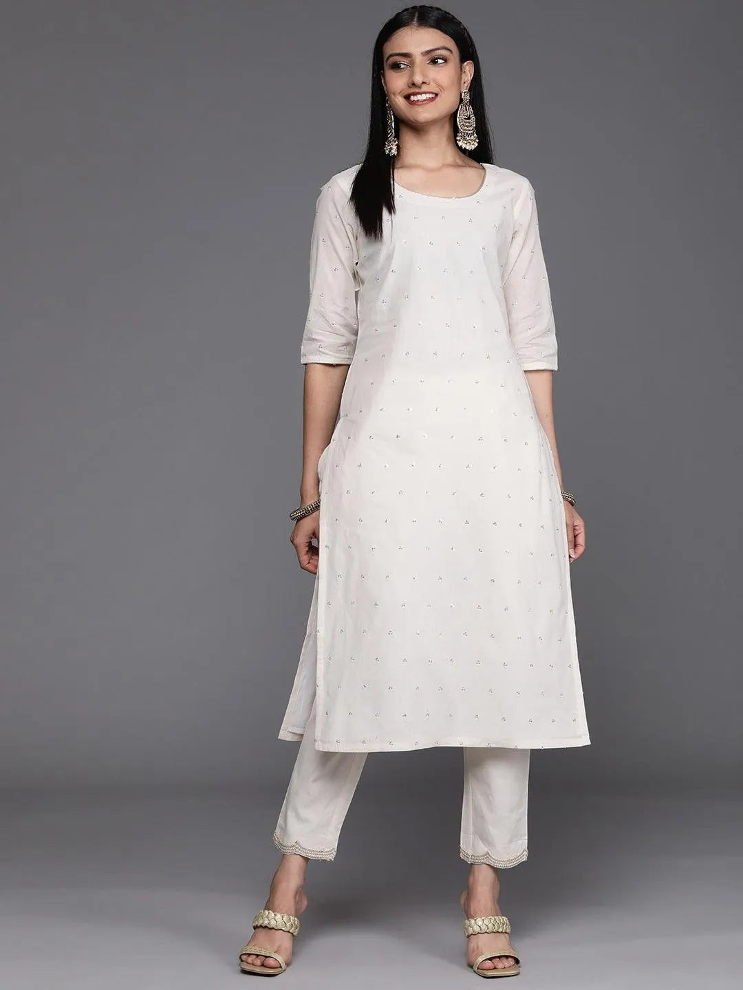 Off White Embellished Cotton Kurta - Libas