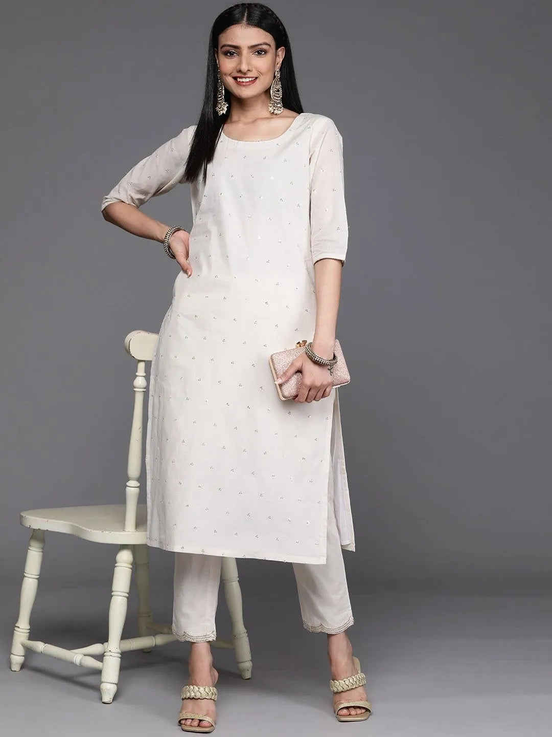 Off White Embellished Cotton Kurta - Libas