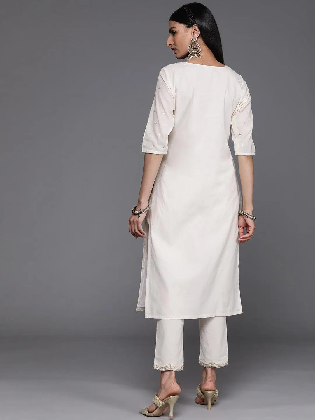 Off White Embellished Cotton Kurta - Libas