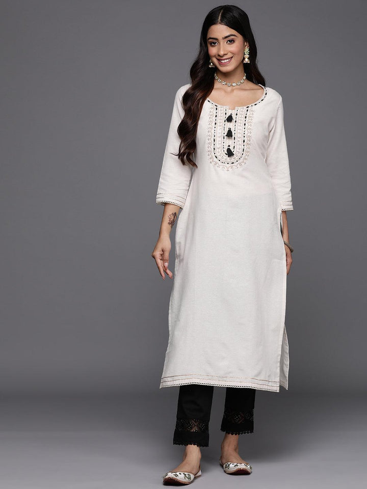 Off White Embellished Cotton Straight Kurta - Libas