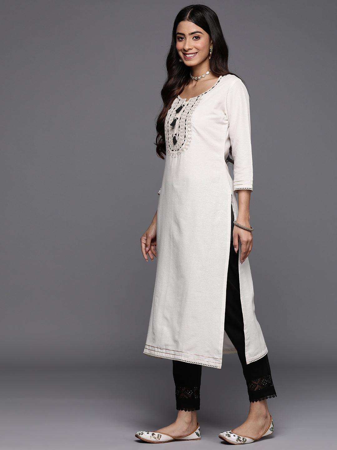 Off White Embellished Cotton Straight Kurta - Libas