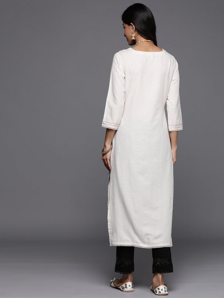 Off White Embellished Cotton Straight Kurta - Libas