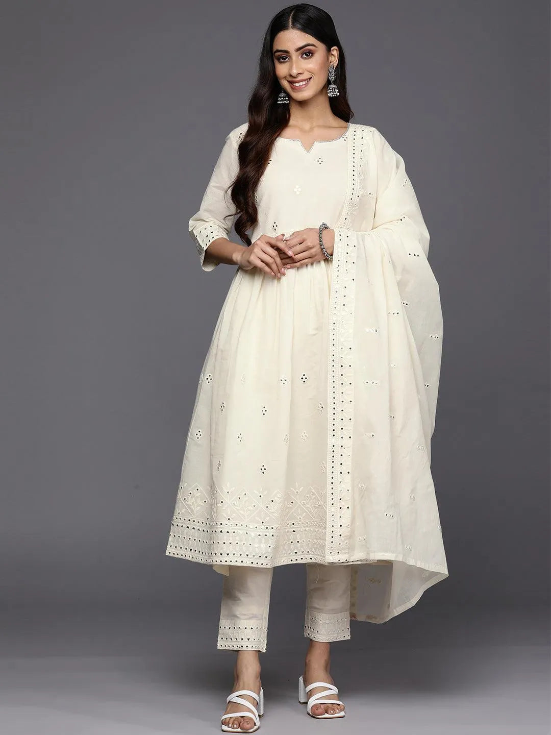 Off White Embroidered Cotton Anarkali Suit Set With Trousers - Libas