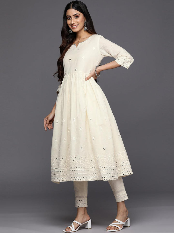 Off White Embroidered Cotton Anarkali Suit Set With Trousers - Libas