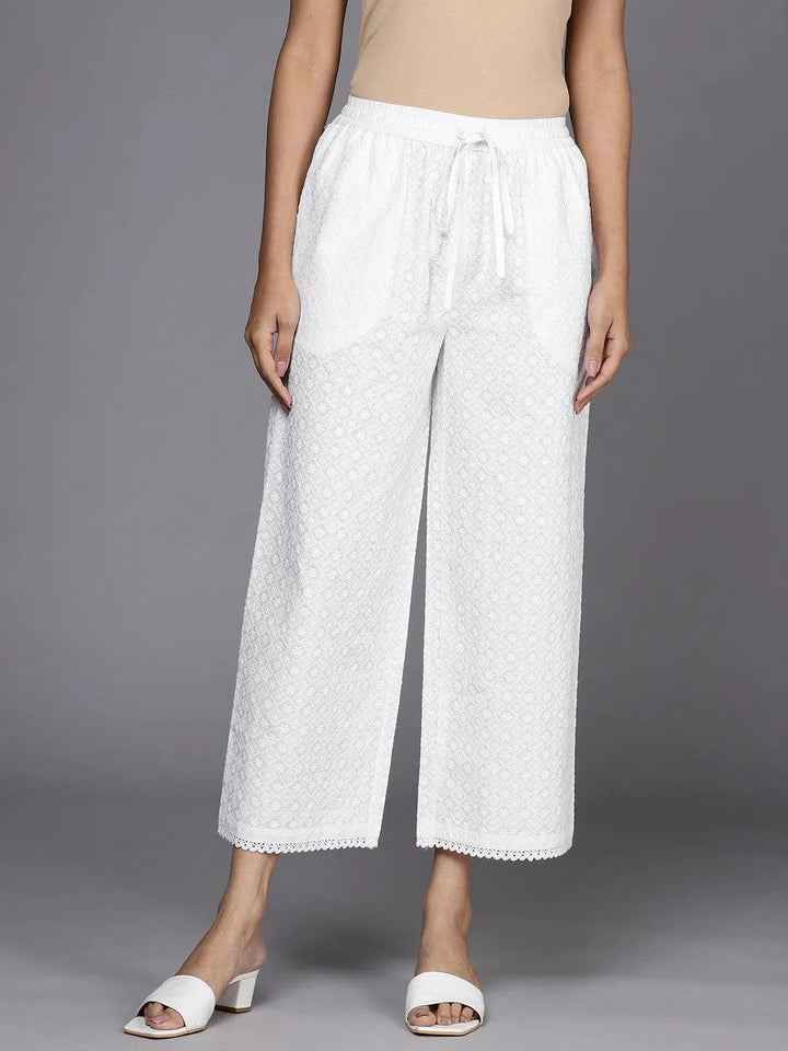 Off White Embroidered Cotton Palazzos - Libas