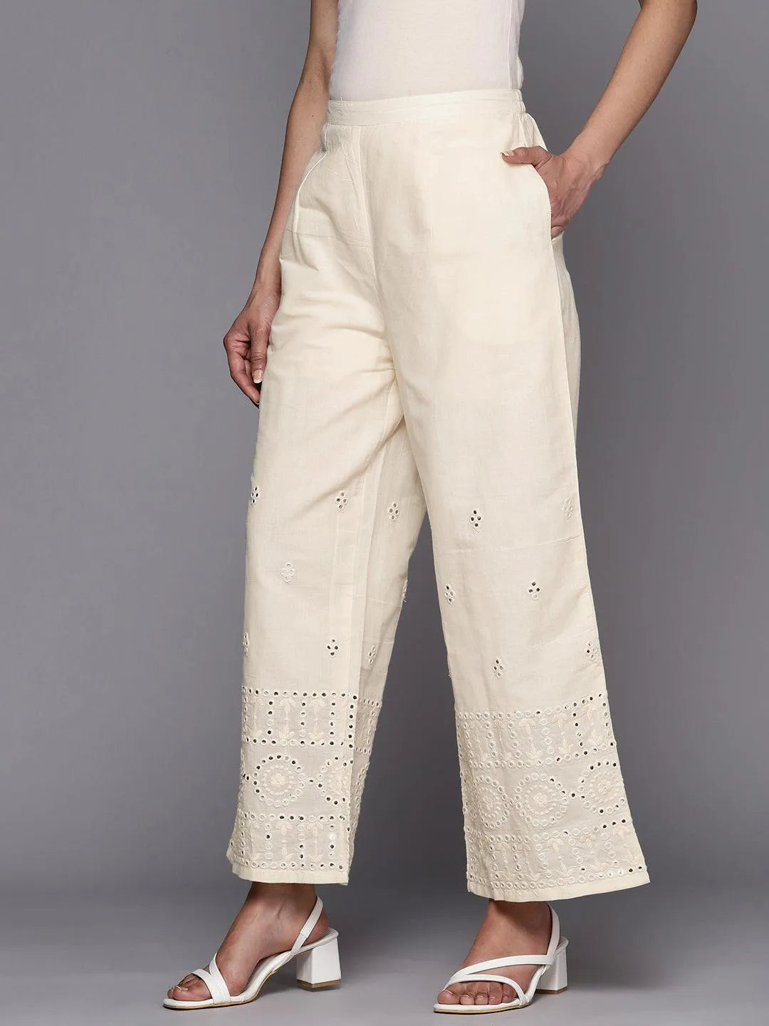 Off White Embroidered Cotton Palazzos - Libas