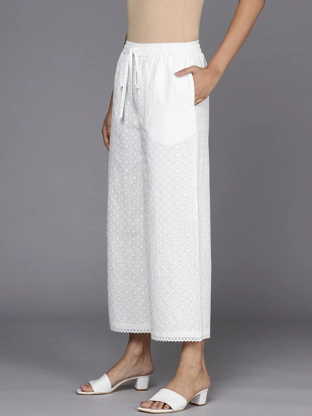 Off White Embroidered Cotton Palazzos - Libas