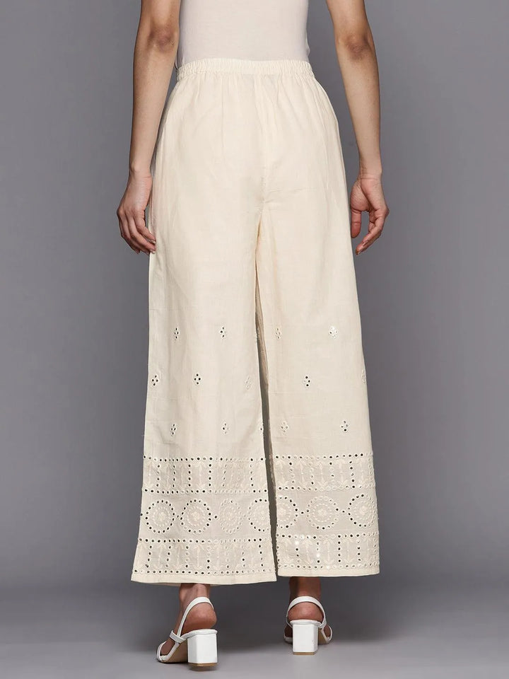 Off White Embroidered Cotton Palazzos - Libas