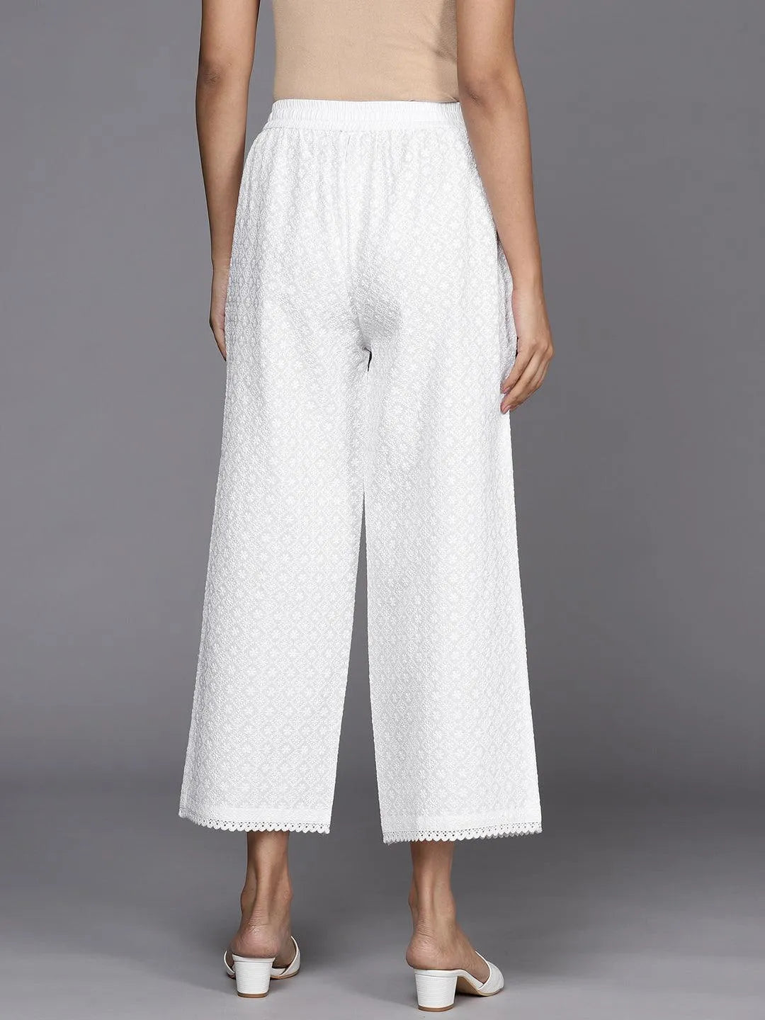 Off White Embroidered Cotton Palazzos - Libas