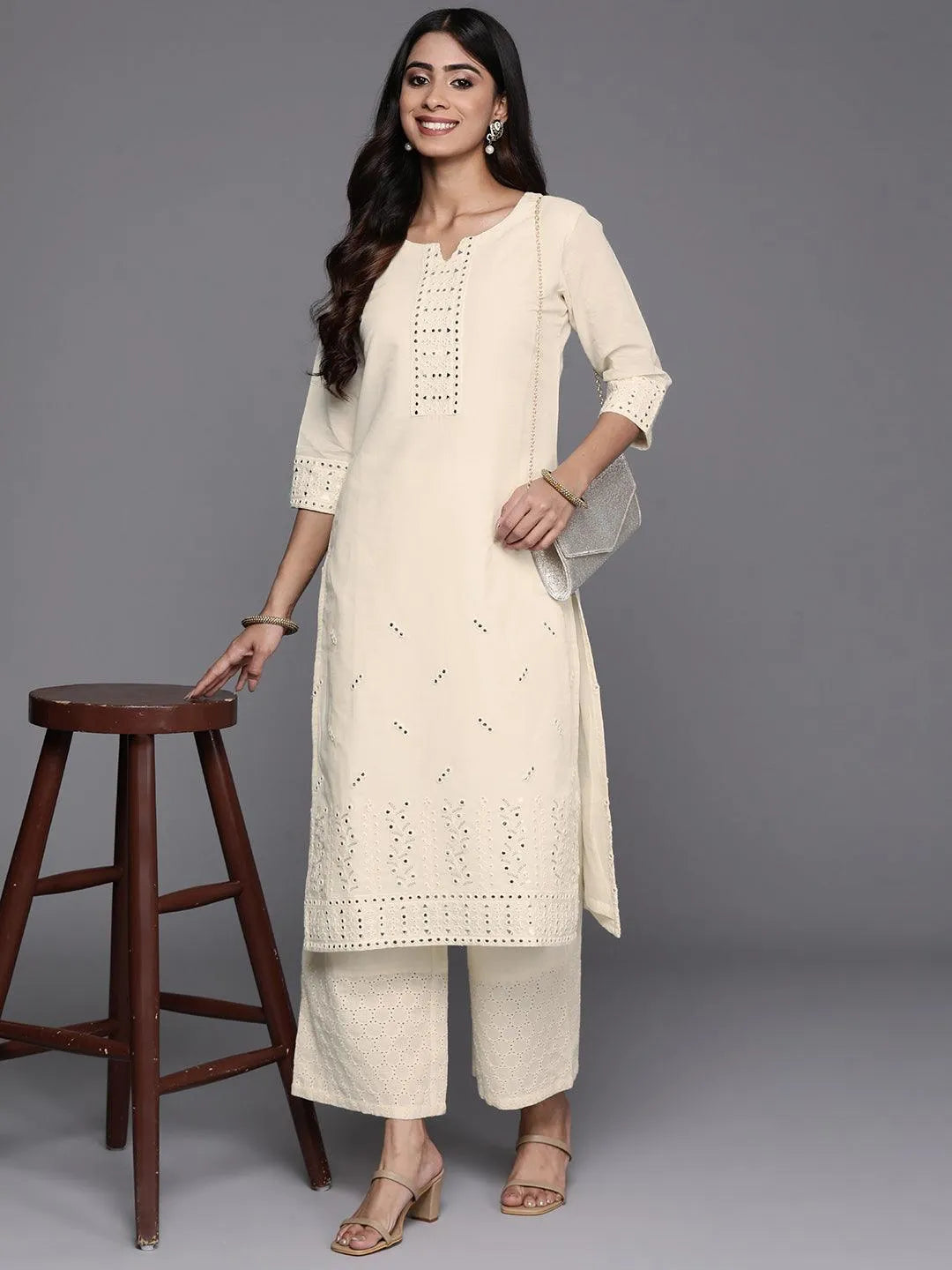 Off White Embroidered Cotton Straight Kurta - Libas