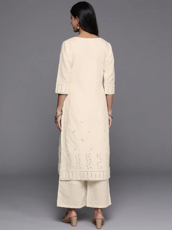 Off White Embroidered Cotton Straight Kurta - Libas