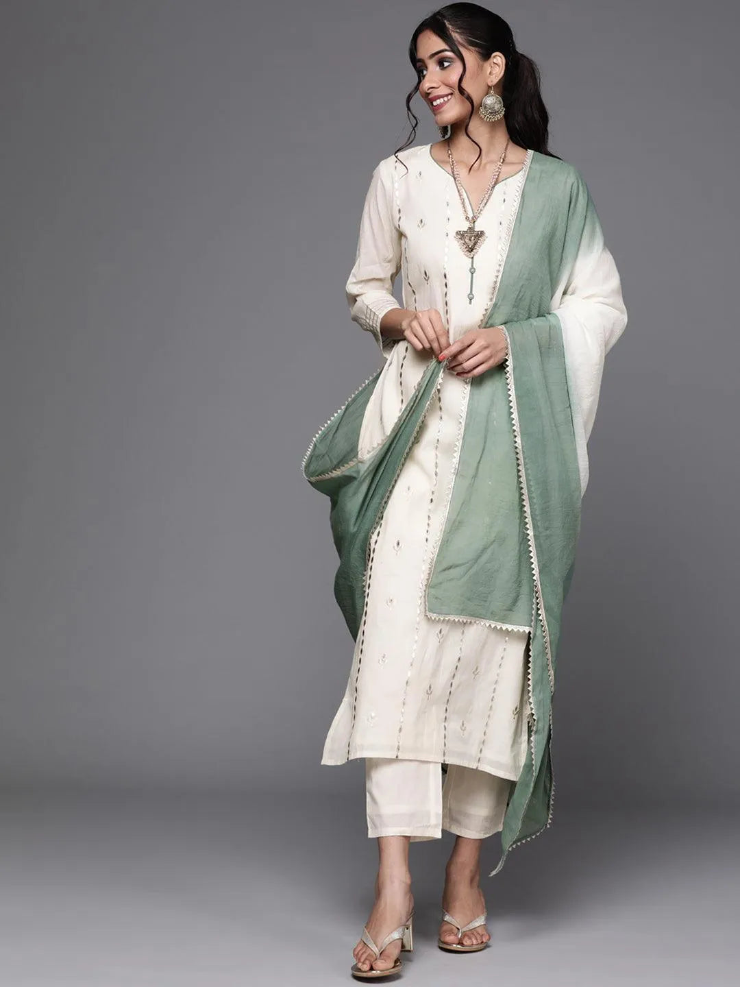 Off White Embroidered Cotton Suit Set - Libas