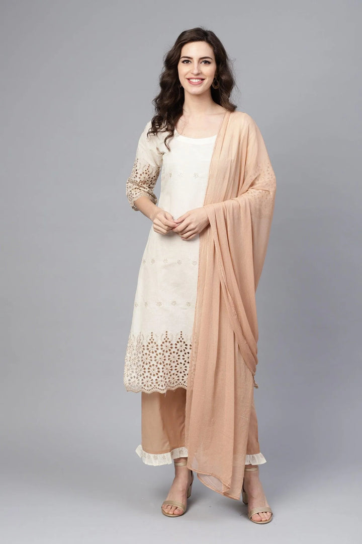 Off White Embroidered Cotton Suit Set - Libas