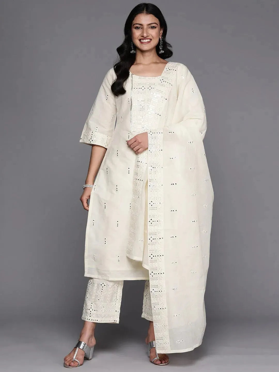 

Off-White Embroidered Cotton Straight Kurta With Palazzos & Dupatta