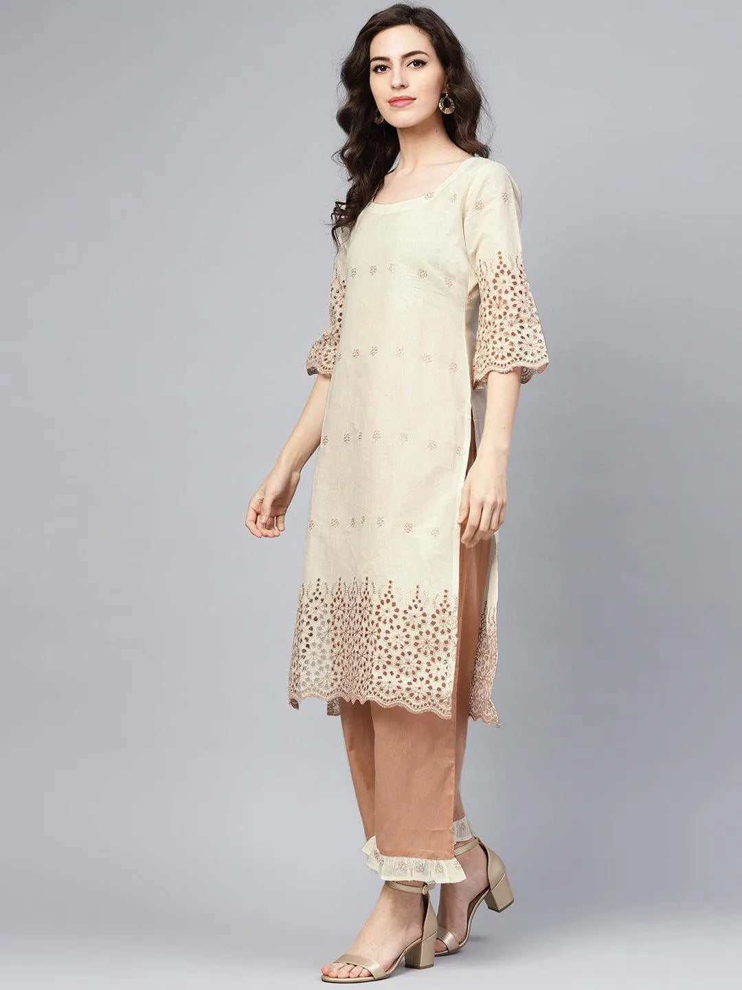 Off White Embroidered Cotton Suit Set - Libas