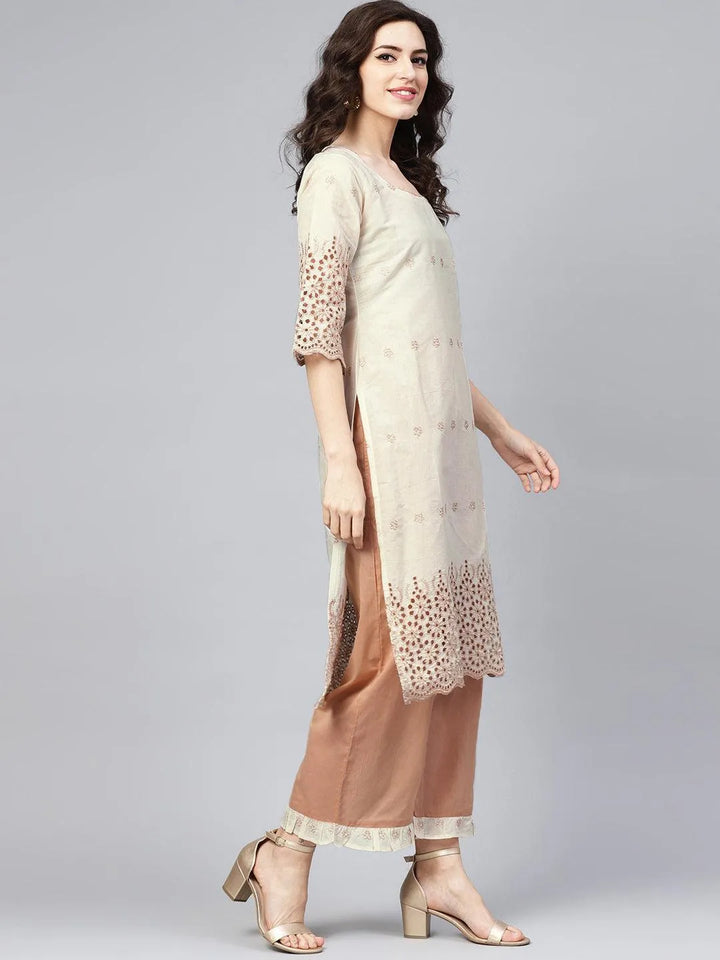 Off White Embroidered Cotton Suit Set - Libas