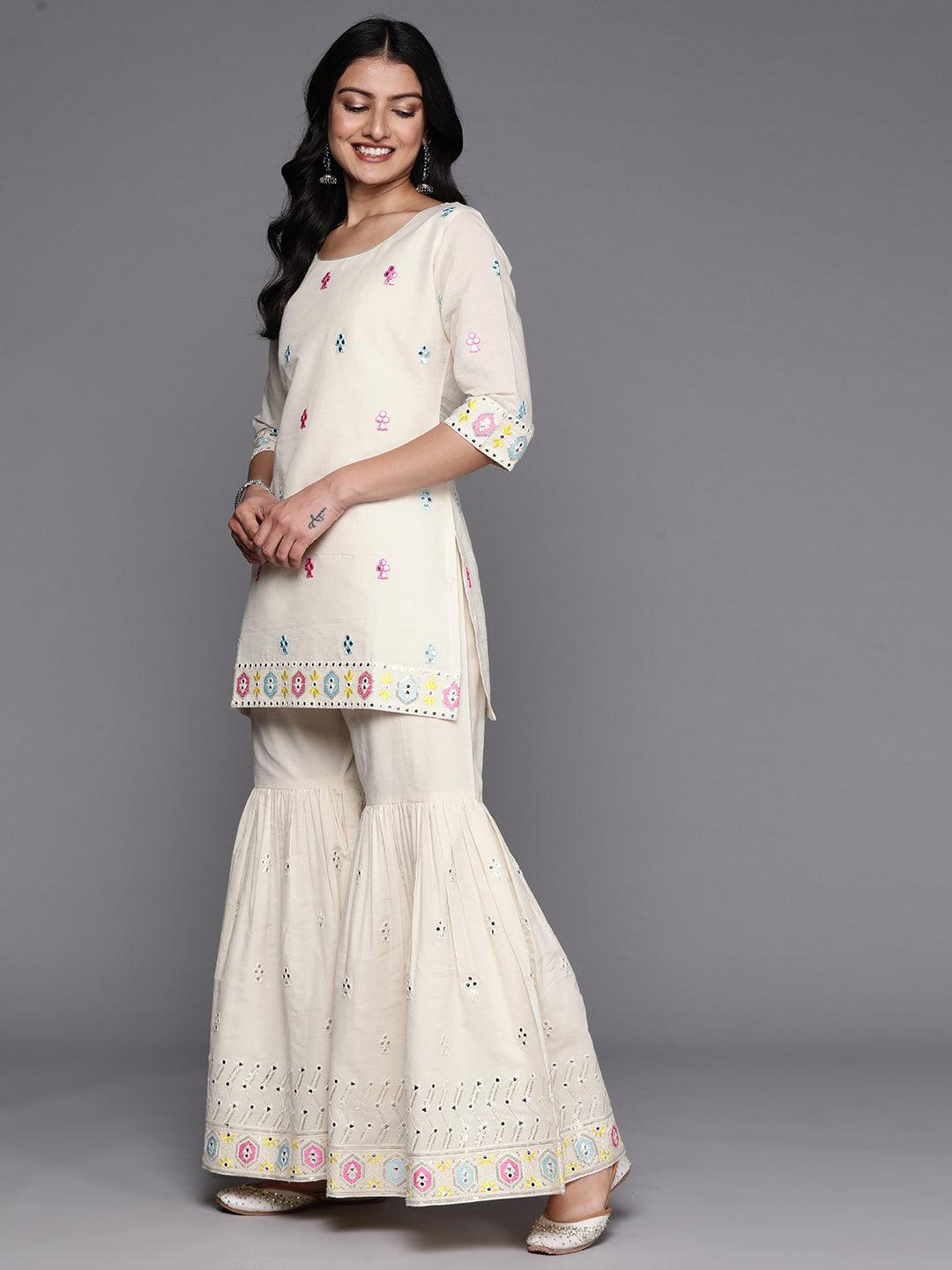 Off-White Embroidered Cotton Straight Kurta With Sharara & Dupatta