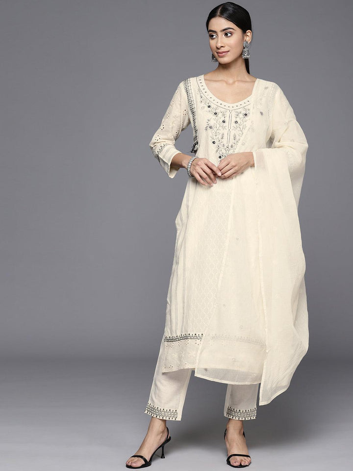 Off White Embroidered Cotton Straight Kurta With Trousers & Dupatta - Libas