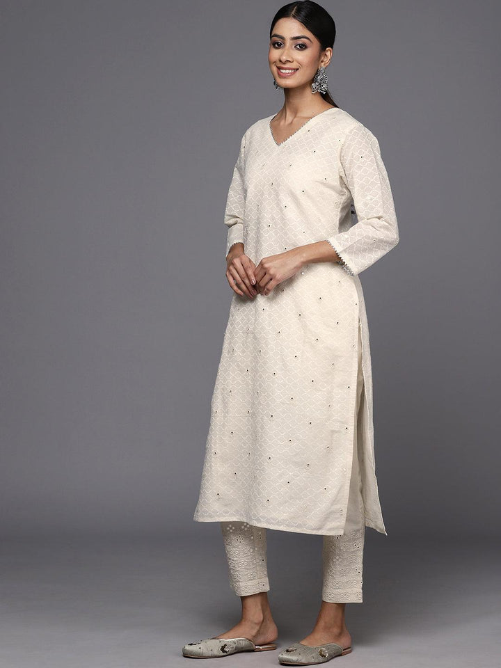 Off White Embroidered Cotton Straight Kurta With Trousers & Dupatta - Libas