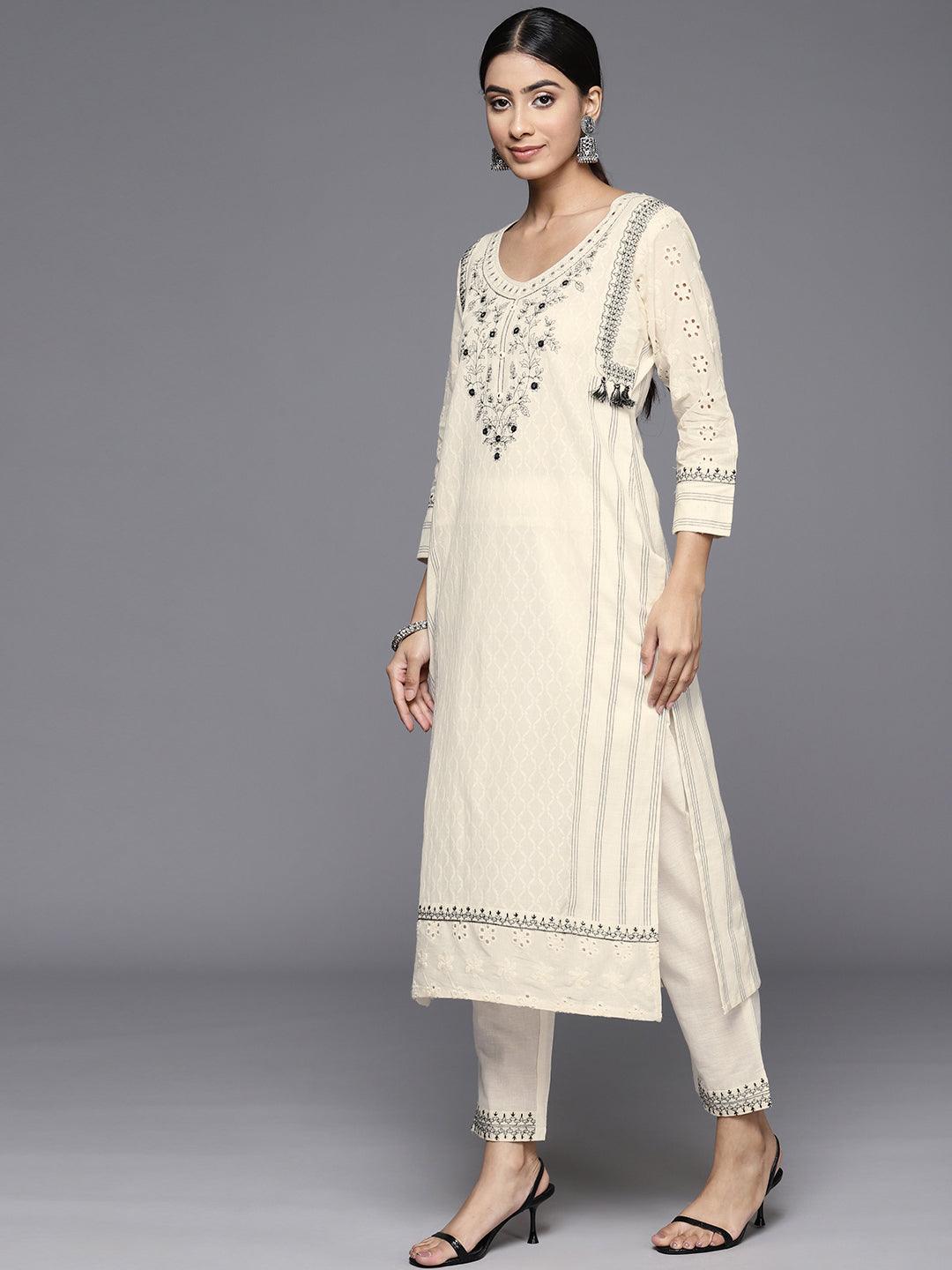 Off White Embroidered Cotton Straight Kurta With Trousers & Dupatta - Libas