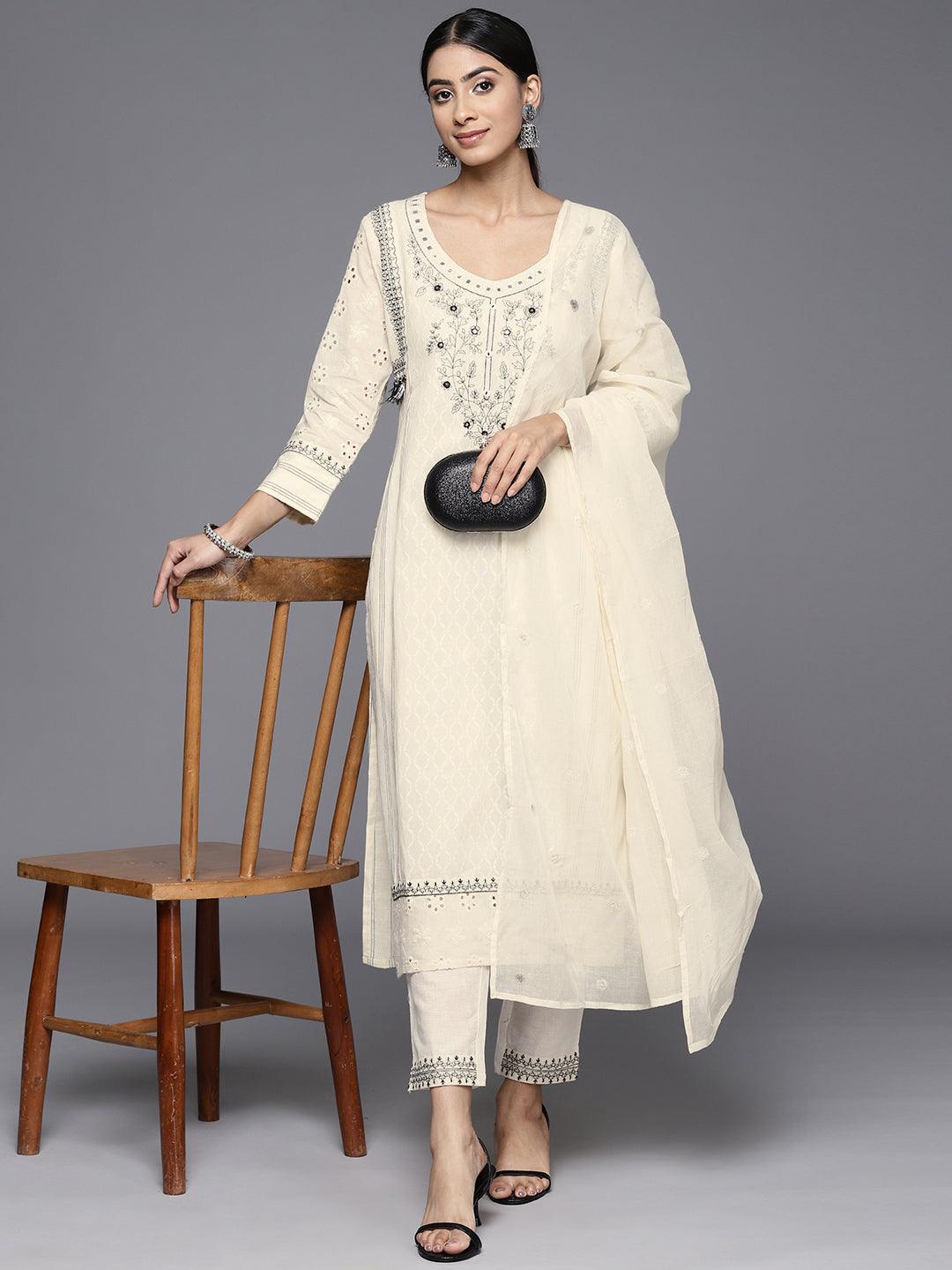 Off White Embroidered Cotton Straight Kurta With Trousers & Dupatta - Libas