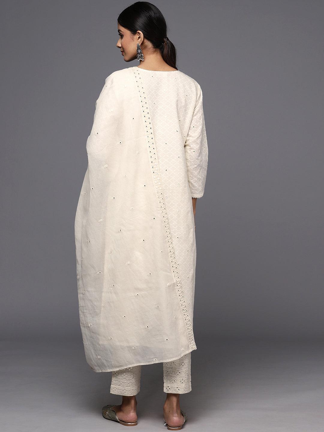 Off White Embroidered Cotton Straight Kurta With Trousers & Dupatta - Libas