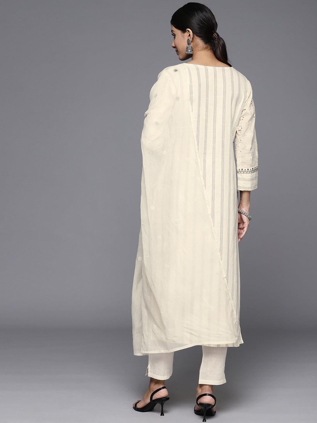 Off White Embroidered Cotton Straight Kurta With Trousers & Dupatta - Libas