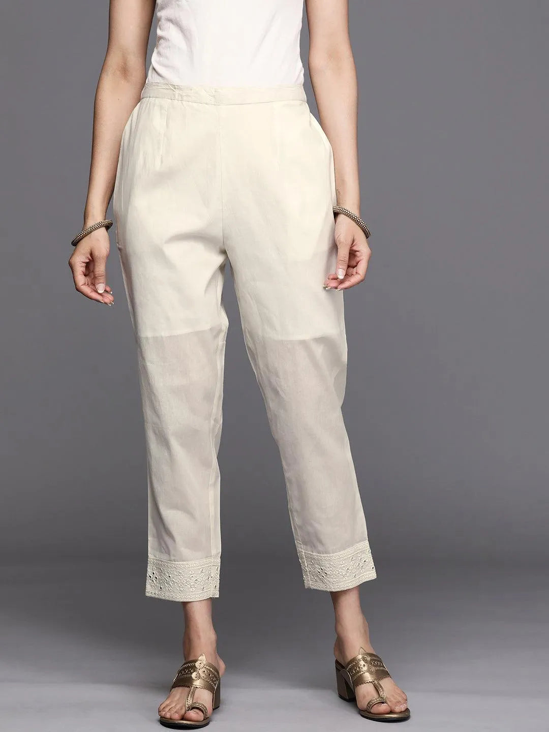 Off White Embroidered Cotton Trousers - Libas