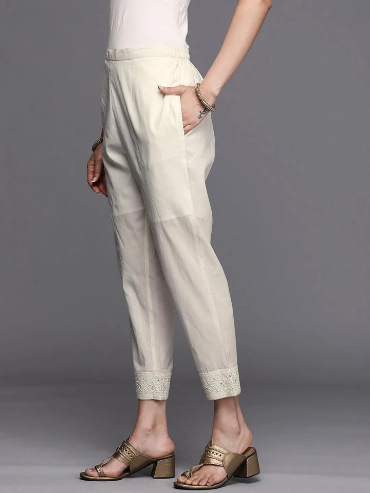 Off White Embroidered Cotton Trousers - Libas