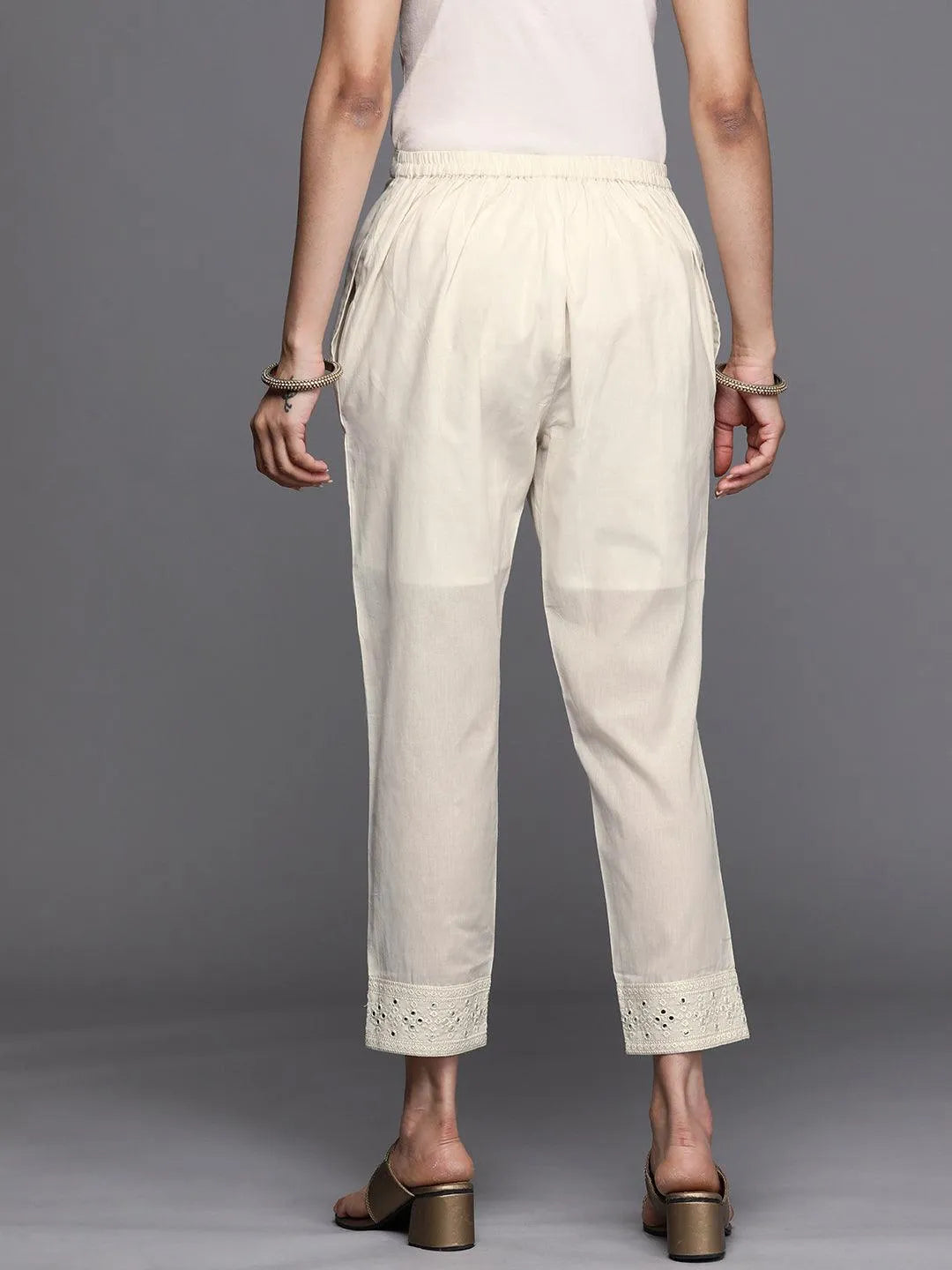 Off White Embroidered Cotton Trousers - Libas