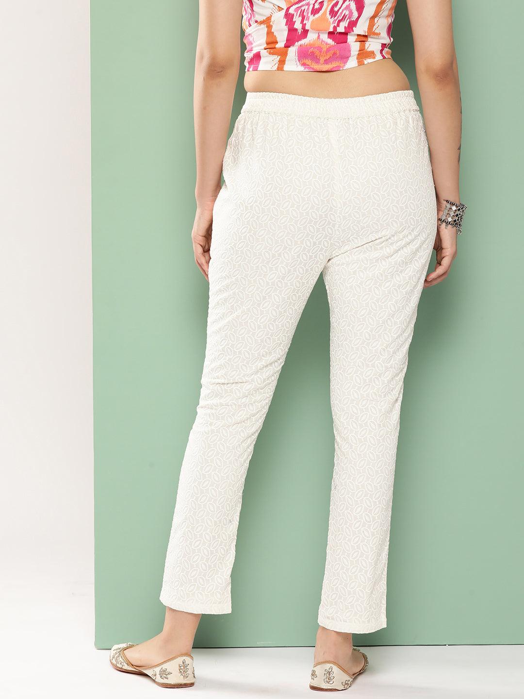 Off White Embroidered Cotton Trousers - Libas