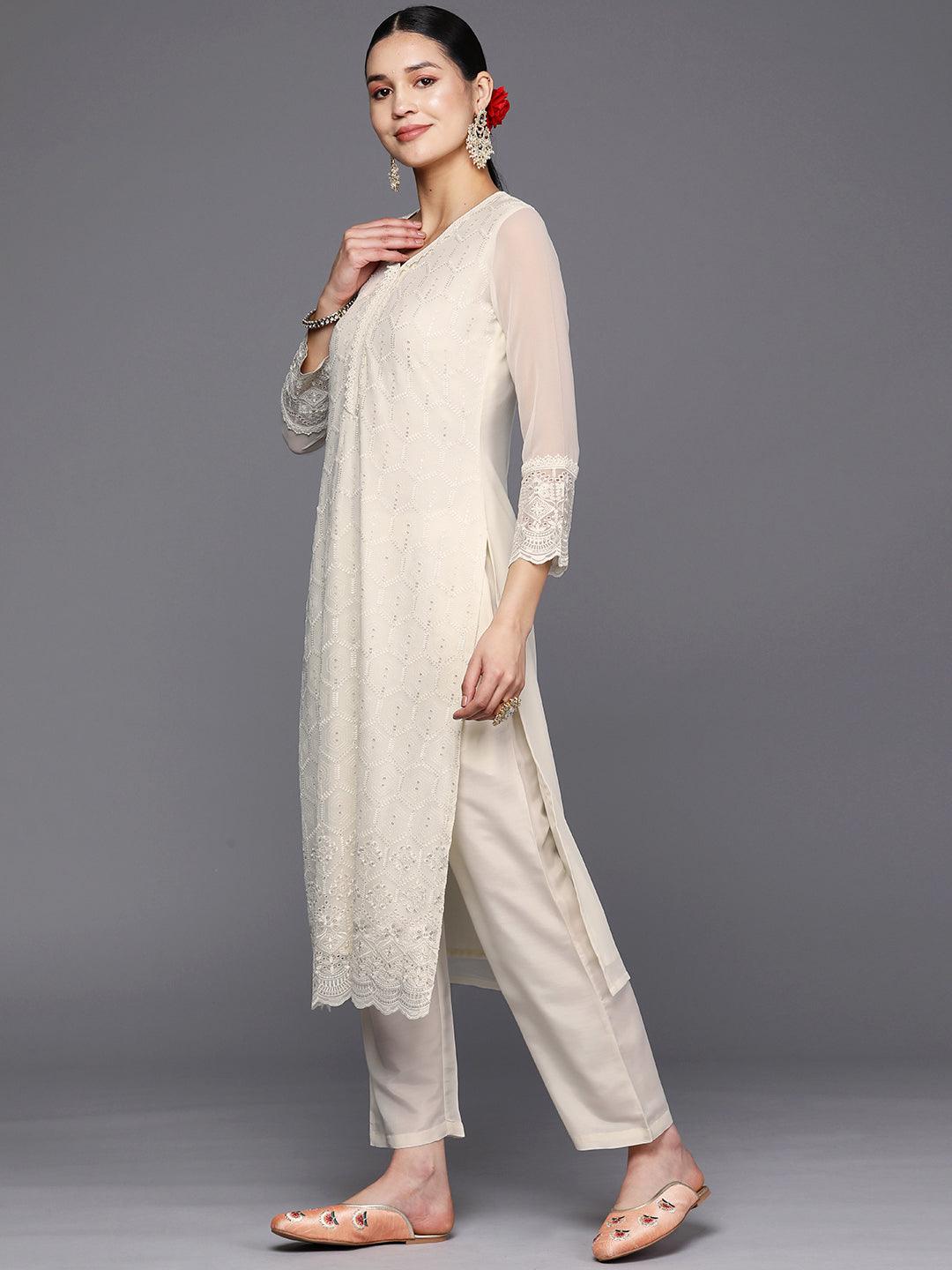 Off White Embroidered Georgette Straight Suit Set With Trousers - Libas 