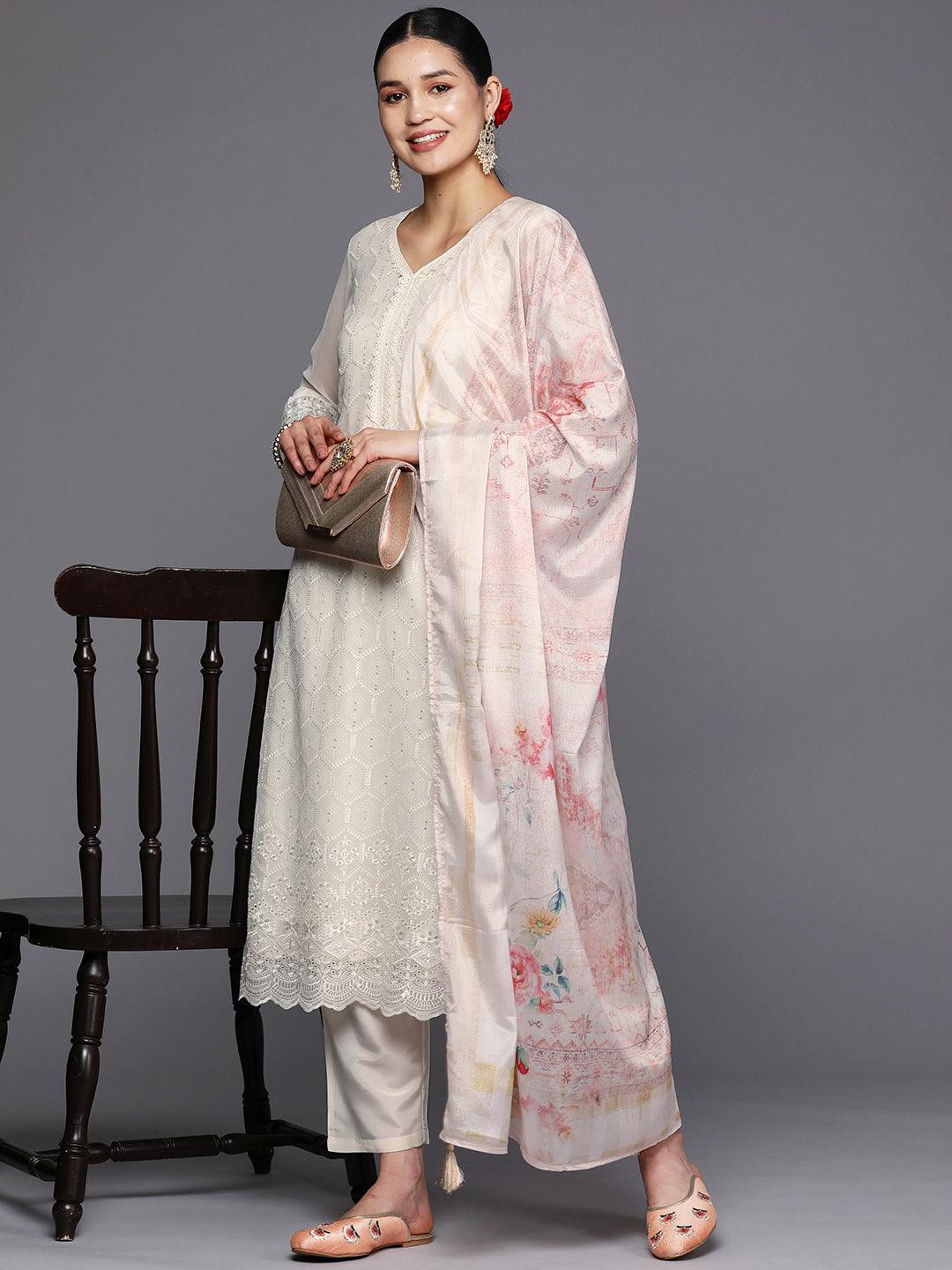 Off White Embroidered Georgette Straight Suit Set With Trousers - Libas 