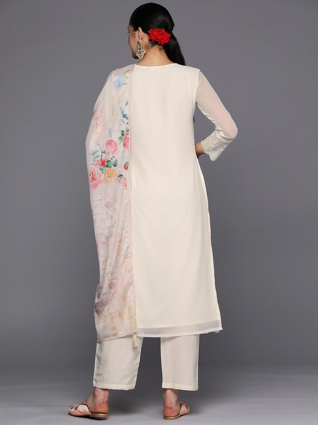 Off White Embroidered Georgette Straight Suit Set With Trousers - Libas 