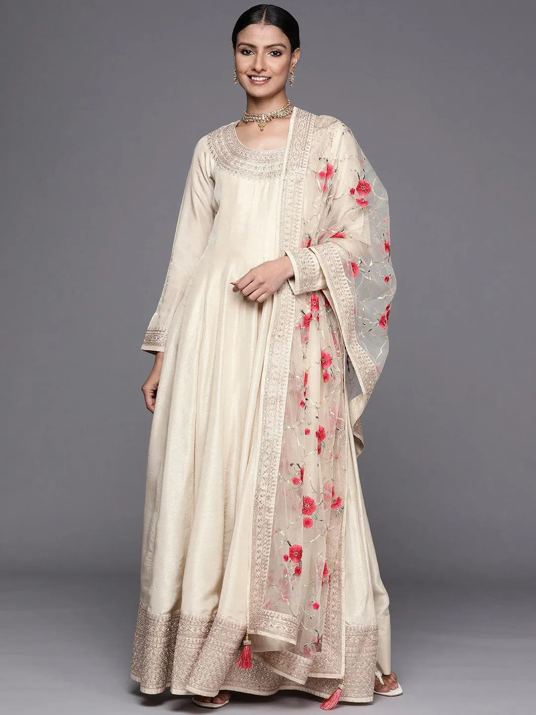 Off White Embroidered Silk Anarkali Suit Set - Libas 