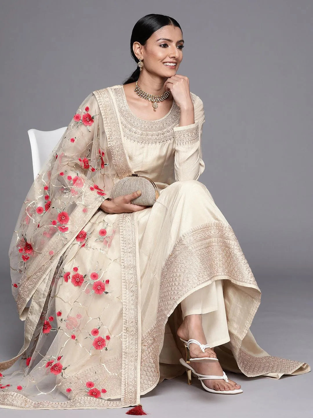 Off White Embroidered Silk Anarkali Suit Set - Libas 