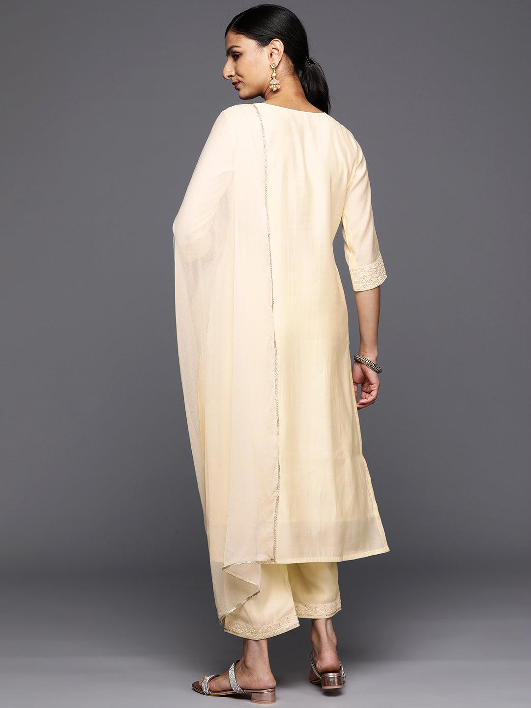 Off White Embroidered Silk Blend Straight Kurta With Trousers & Dupatta - Libas 