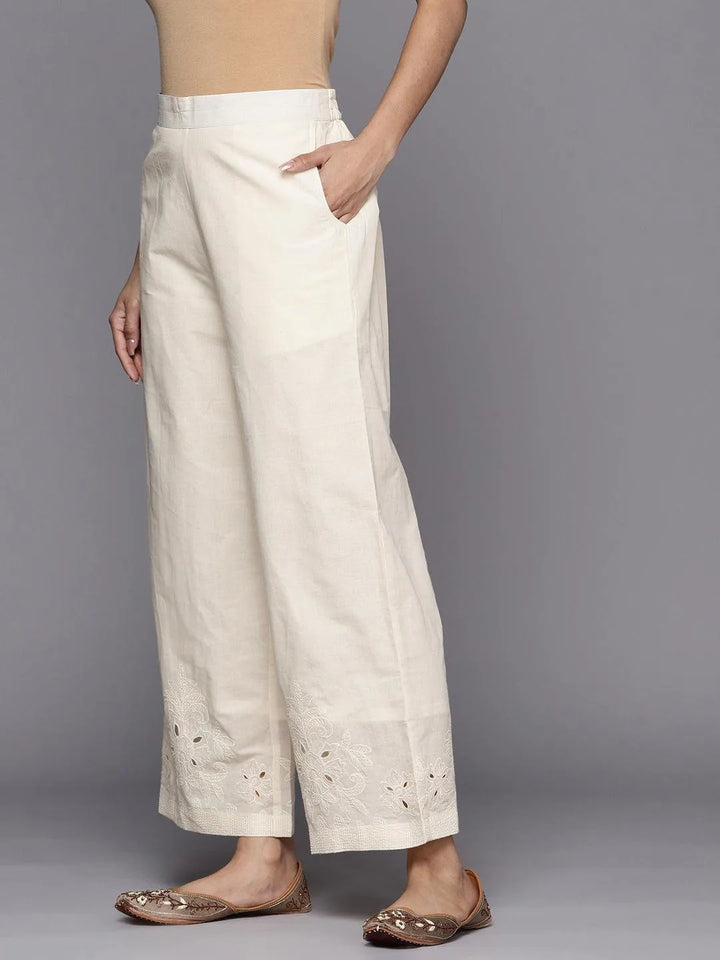 Off White Hem Design Cotton Palazzos - Libas