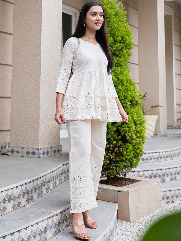 Buy Off-White Mirror Work Cotton A-Line Kurti With Palazzos Online