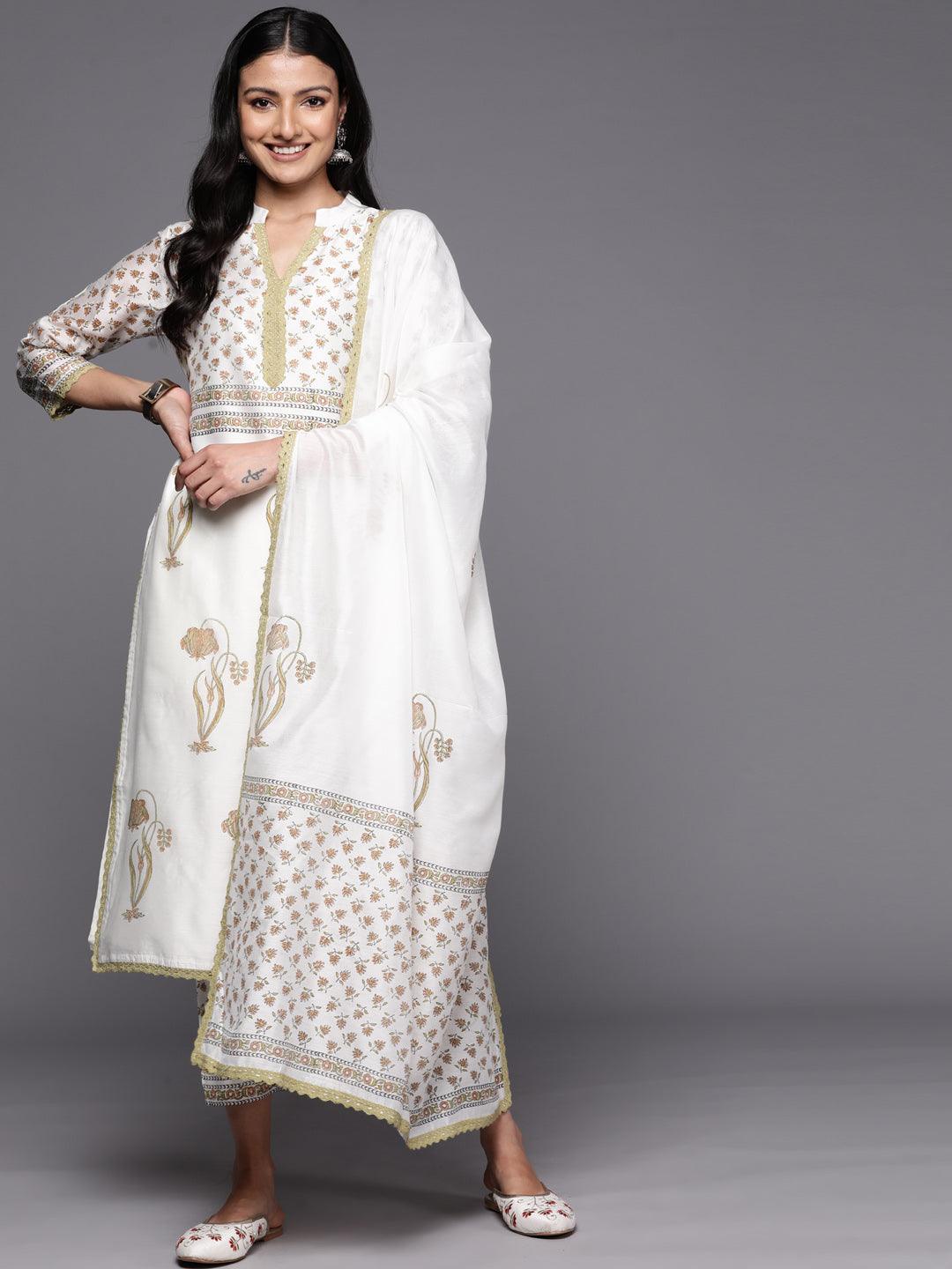 Off White Printed Chanderi Silk Straight Suit Set With Trousers - Libas