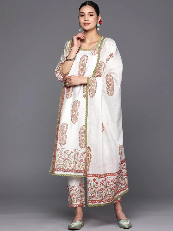 Off White Printed Chanderi Silk Straight Suit Set With Trousers - Libas