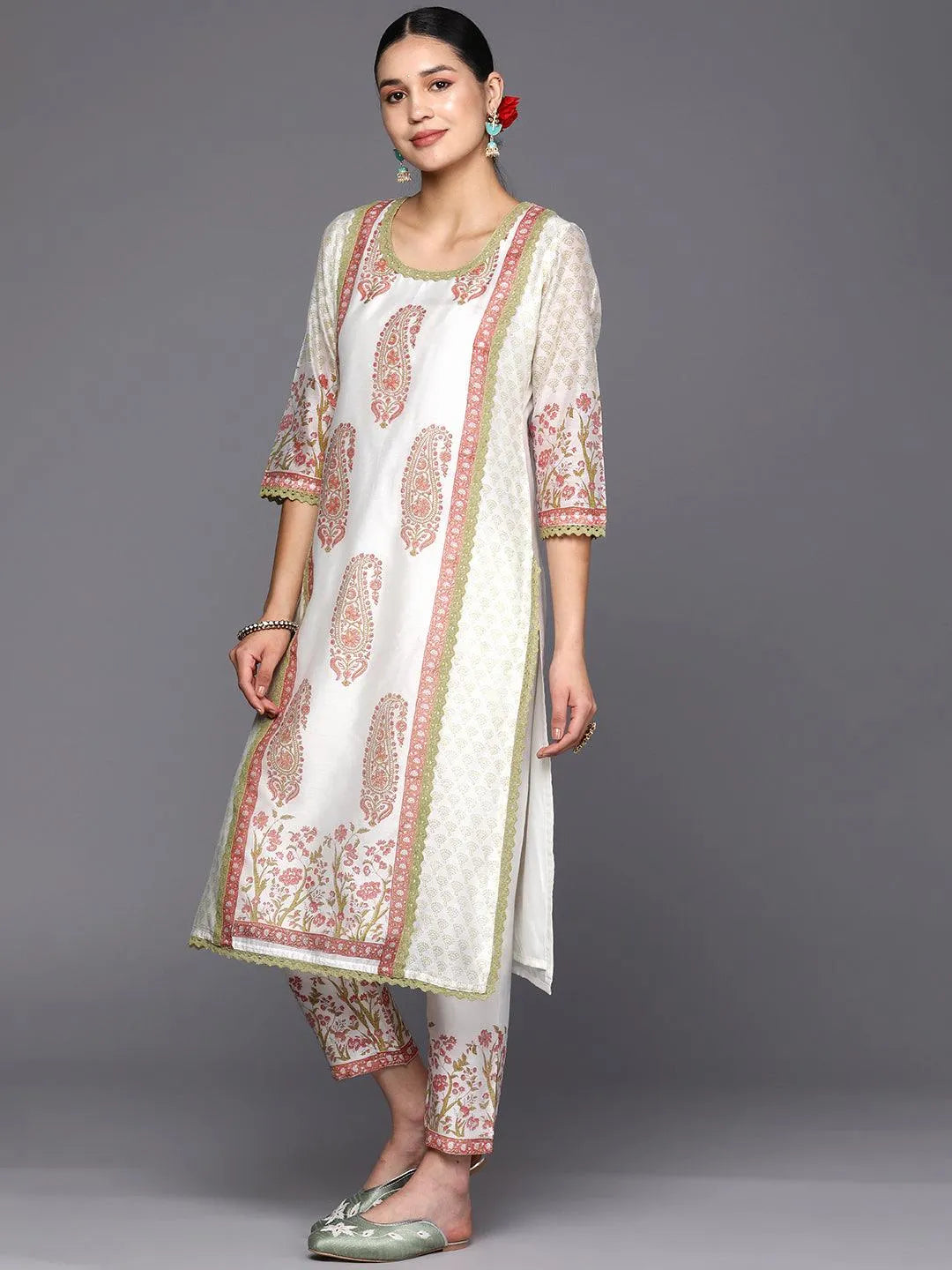 Off White Printed Chanderi Silk Straight Suit Set With Trousers - Libas