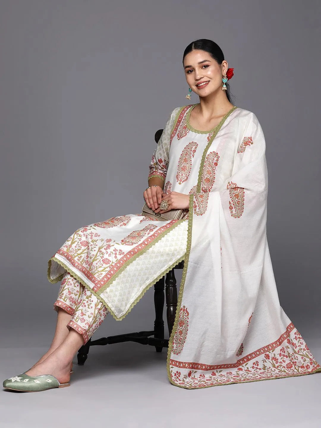 Off White Printed Chanderi Silk Straight Suit Set With Trousers - Libas