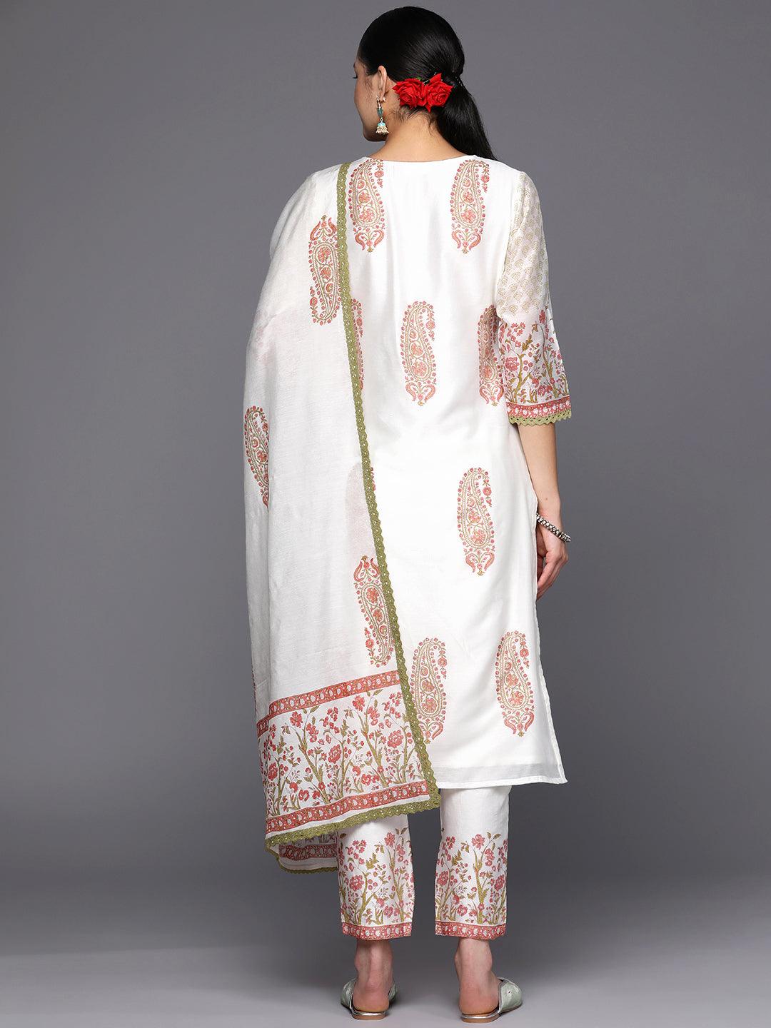 Off White Printed Chanderi Silk Straight Suit Set With Trousers - Libas