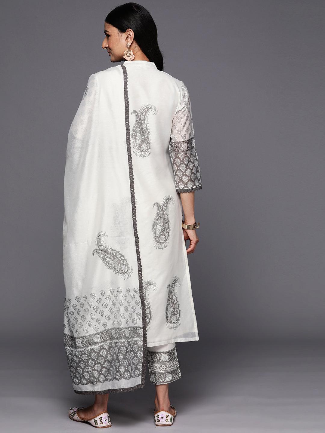 Off-White Printed Chanderi Silk Straight Kurta With Trousers & Dupatta
