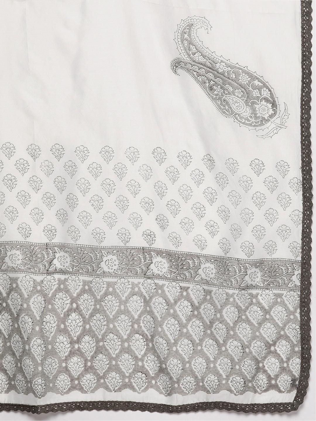 Off-White Printed Chanderi Silk Straight Kurta With Trousers & Dupatta